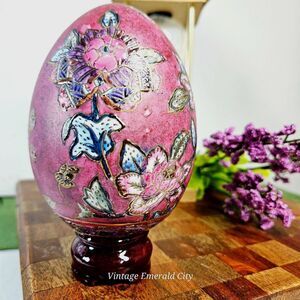 Vtg Ceramic Hand Painted Floral Asian Egg Cranberry Enameled Gold W  Wood Stand